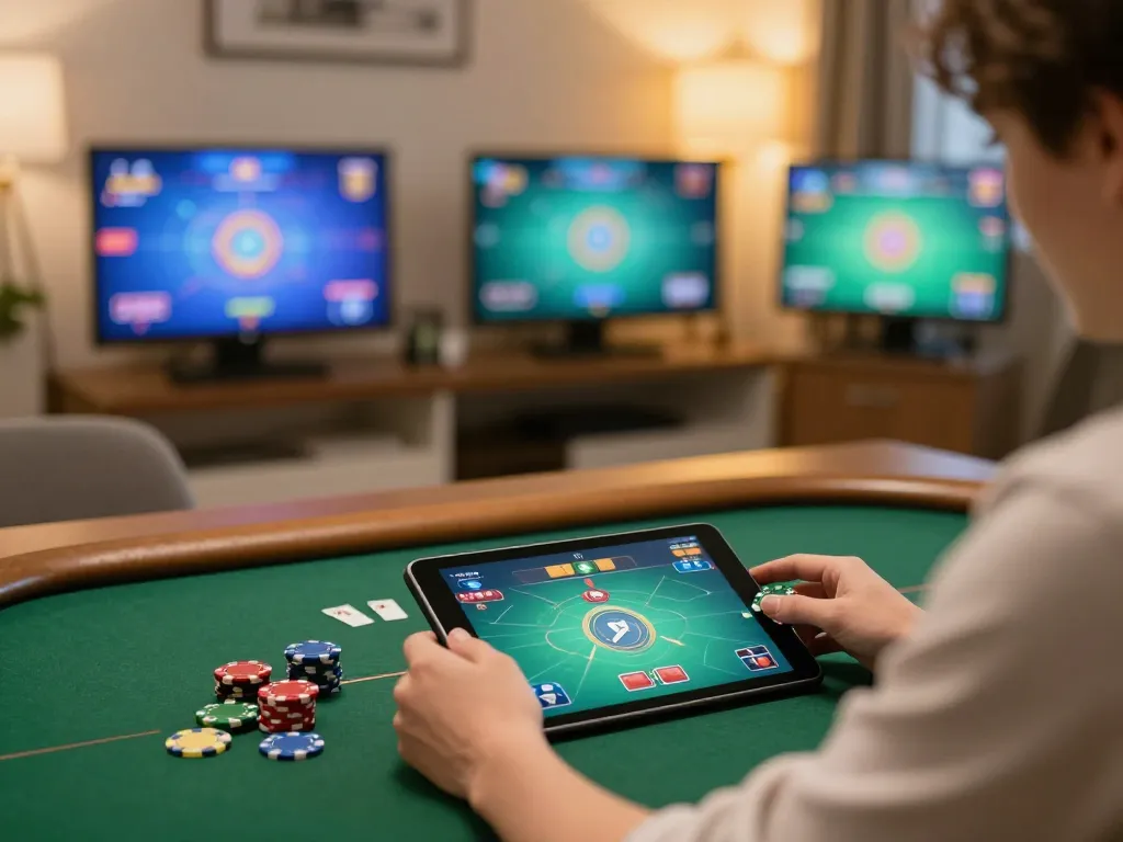 Engaging in online poker gameplay on 789club tablet, showcasing strategic betting with chips