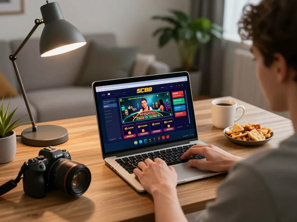 Player engaging with SC88 online casino interface during relaxed home gaming session.