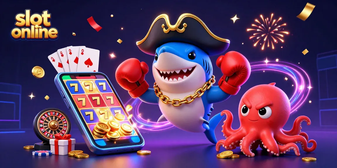 Slot online dengan karakter lucu seperti hiu kapten dan ikan puff merah dalam suasana kasino.