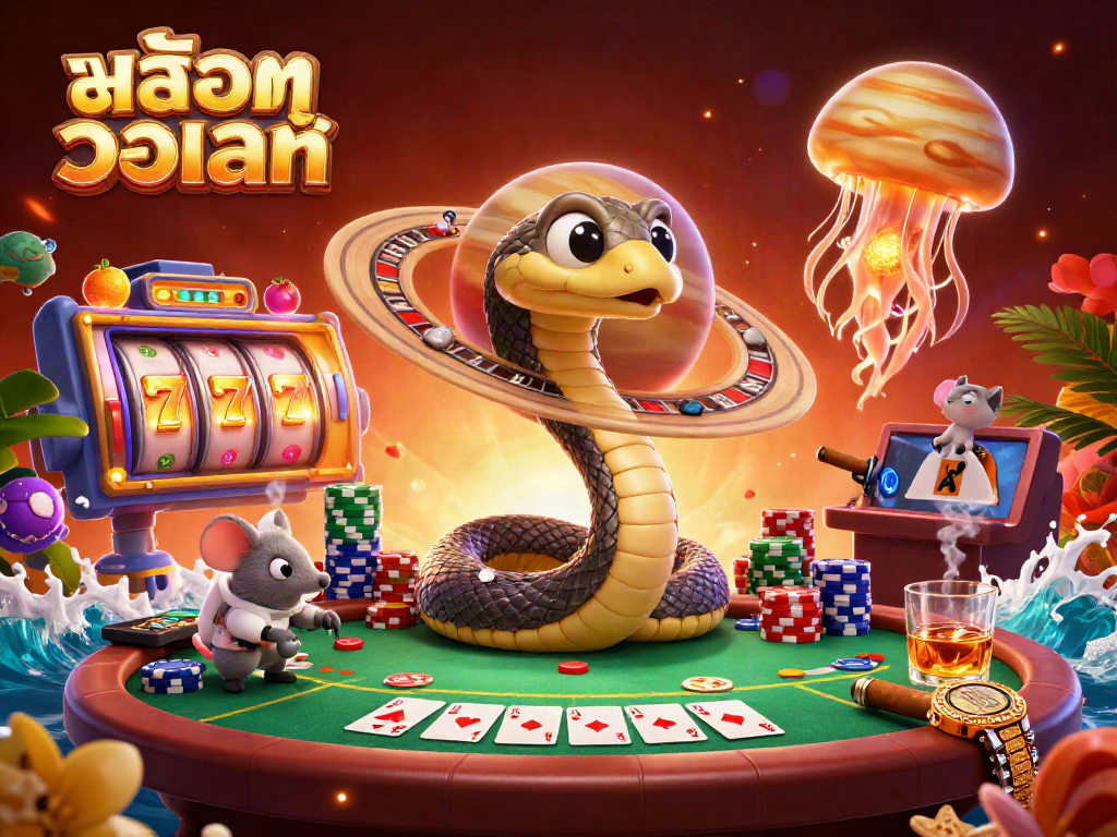Engage in thrilling สล็อตวอเลท gameplay surrounded by vibrant casino elements in this dynamic illustration.
