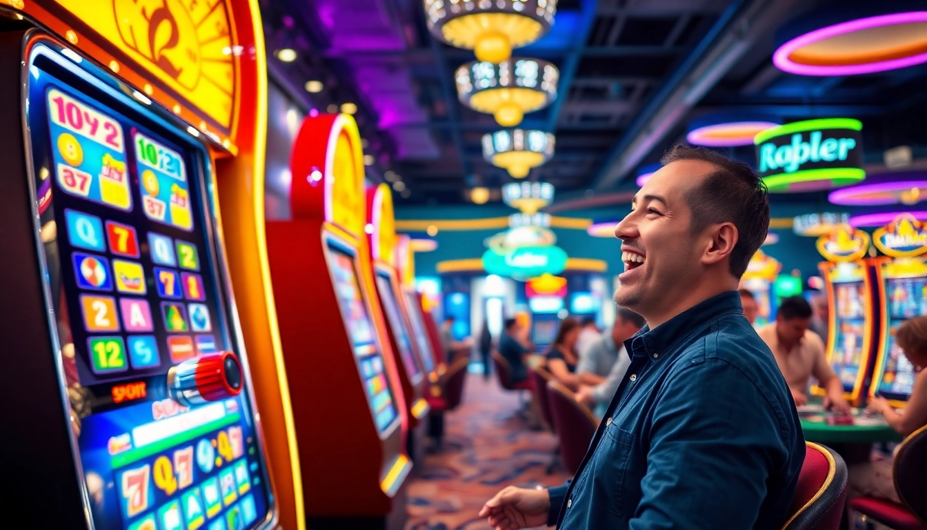 arushoki menang di mesin slot kasino yang ramai dan cerah