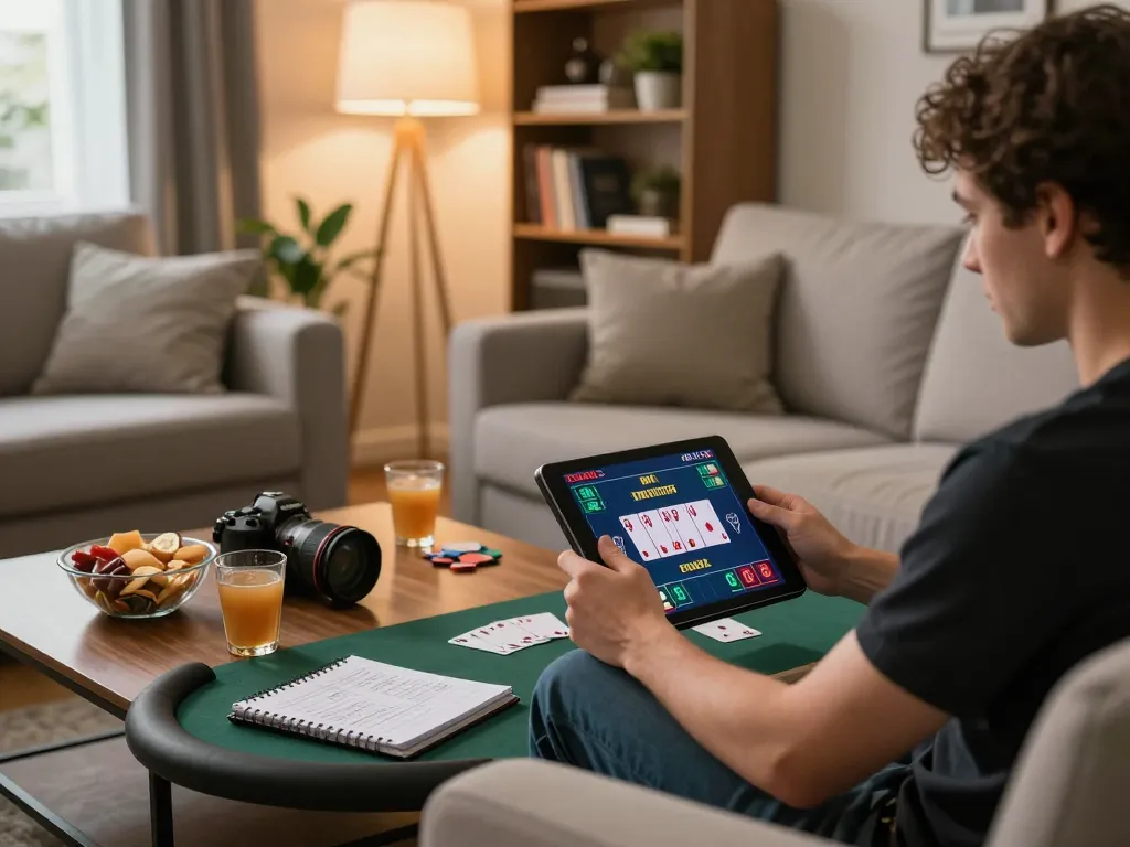 Player enjoying online 88x poker game on tablet with strategic notes and drinks