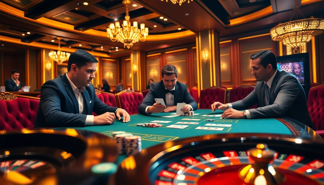 Go8 players engaged in a high-stakes poker game at an elegant casino.