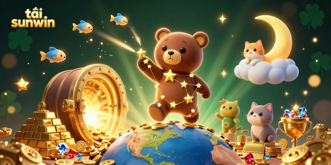Engage with tải sunwin, featuring a constellation bear and treasures amidst vibrant 3D casino elements.
