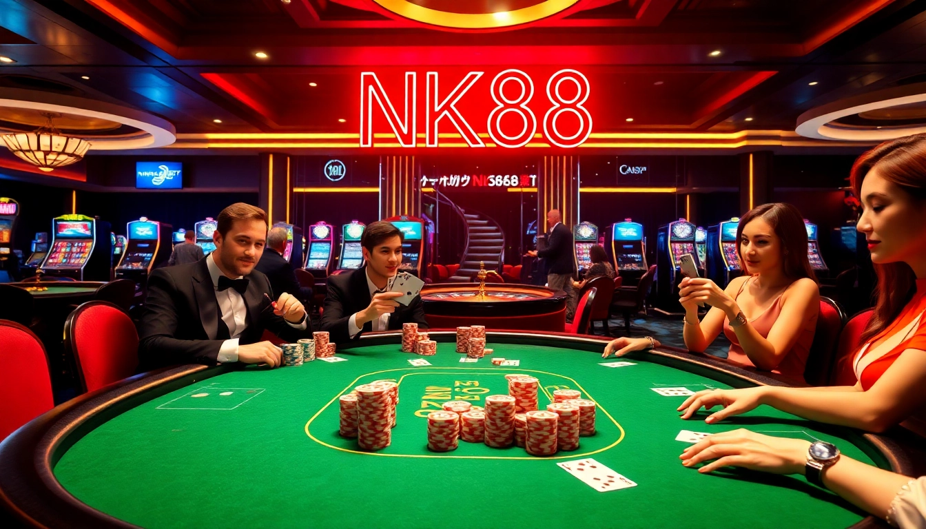 Engaged players at NK88 enjoy high-stakes poker in a luxurious casino environment.