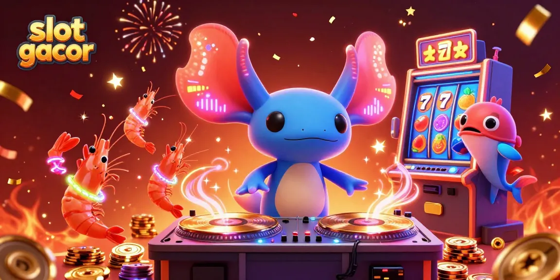Experience slot gacor with vibrant axolotl DJ and colorful slot machine spectacle.