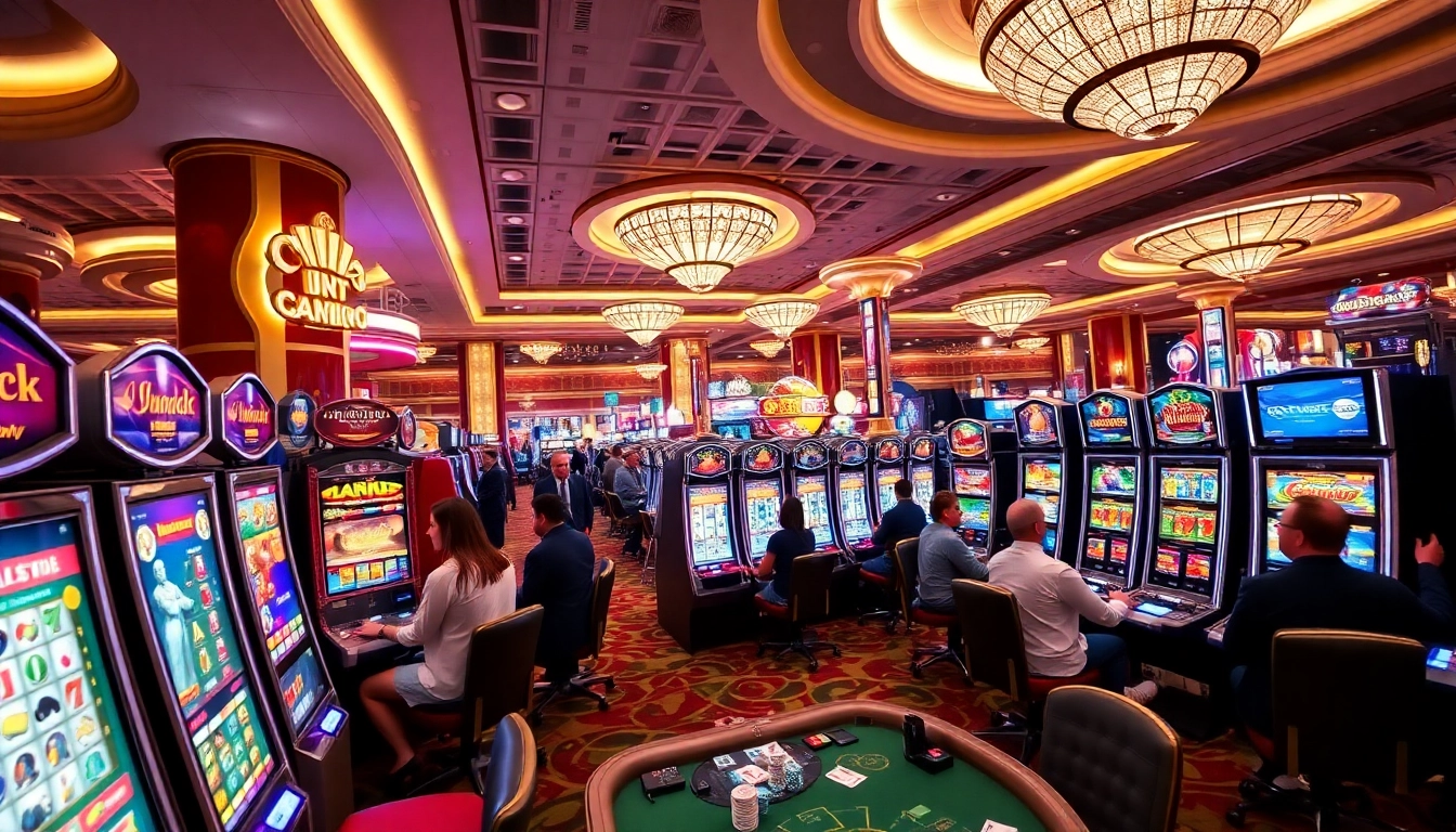 Experience the thrill of slot gacor with players interacting with vibrant slot machines in a luxurious casino.