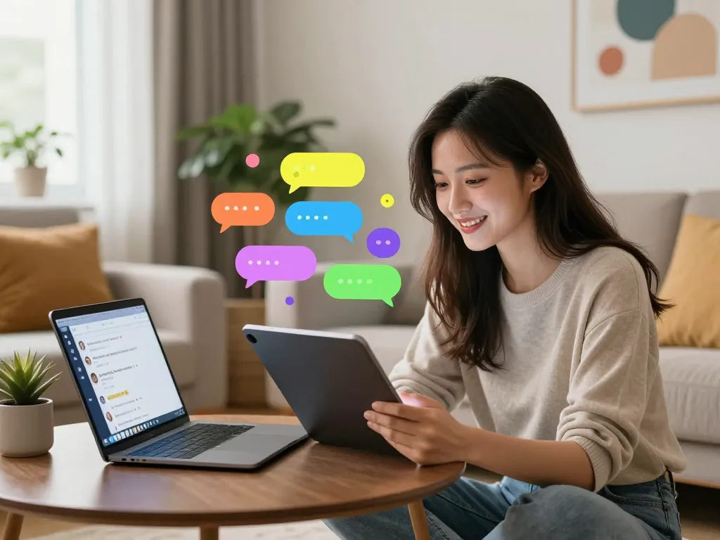 Interactive 18+ AI chat experience with animated characters in a cozy room setting.