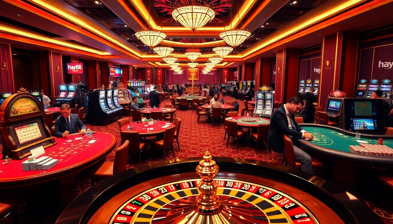 Players enjoying a vibrant gambling scene with hay88 at luxurious casino tables.