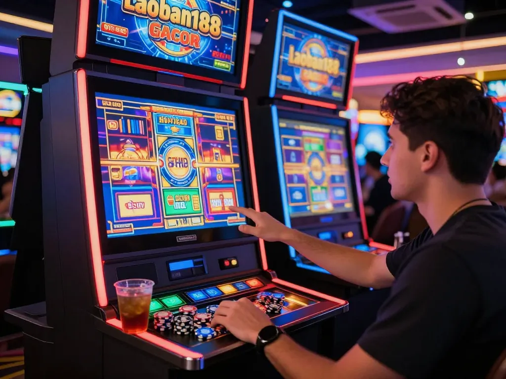 Pemain yang terlibat menikmati pengalaman slot gacor laoban188 di suasana kasino online yang hidup dengan grafis berwarna dan lampu neon.