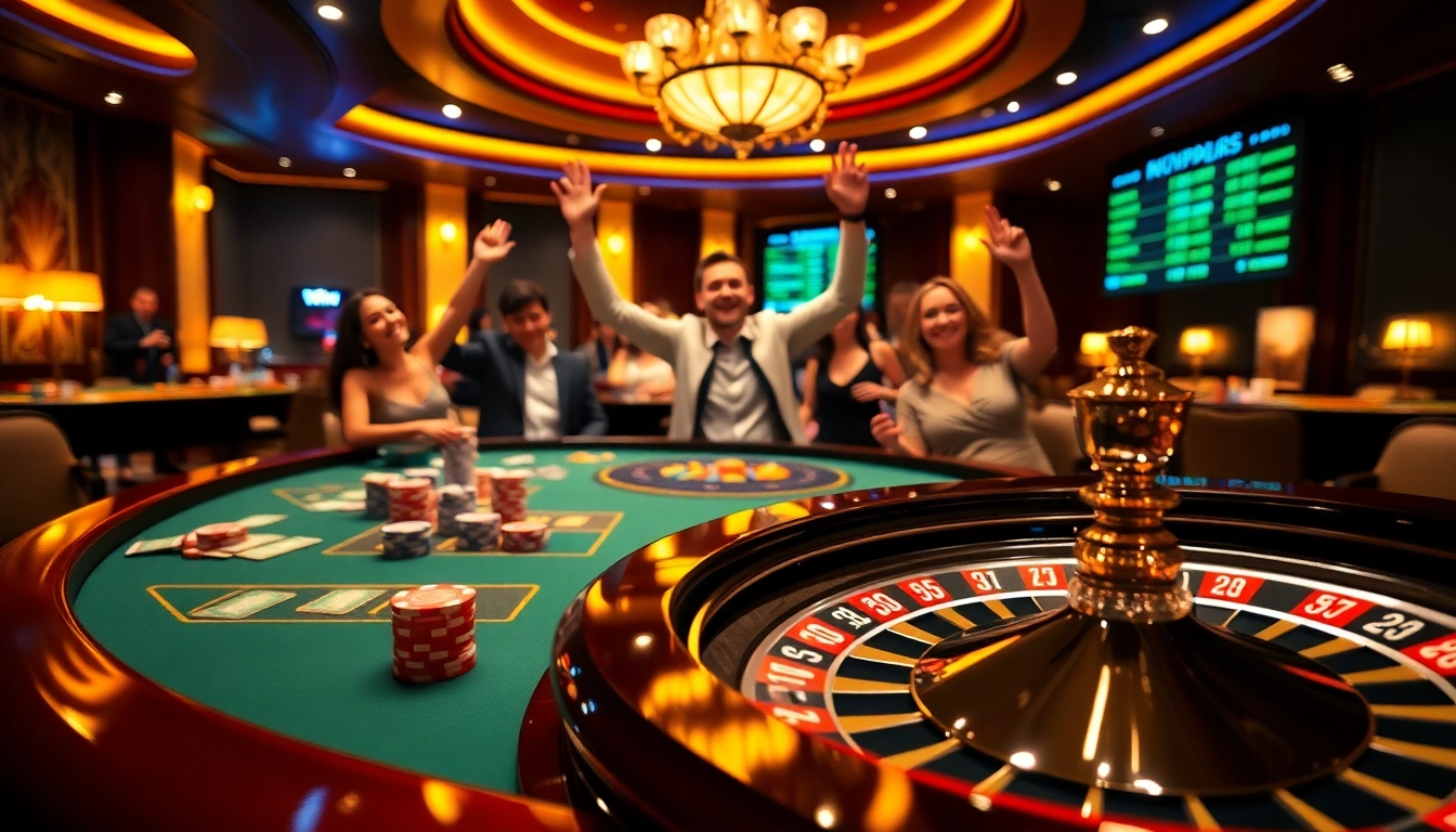 Players celebrating at the iWin casino table with joyful expressions and stacked poker chips.