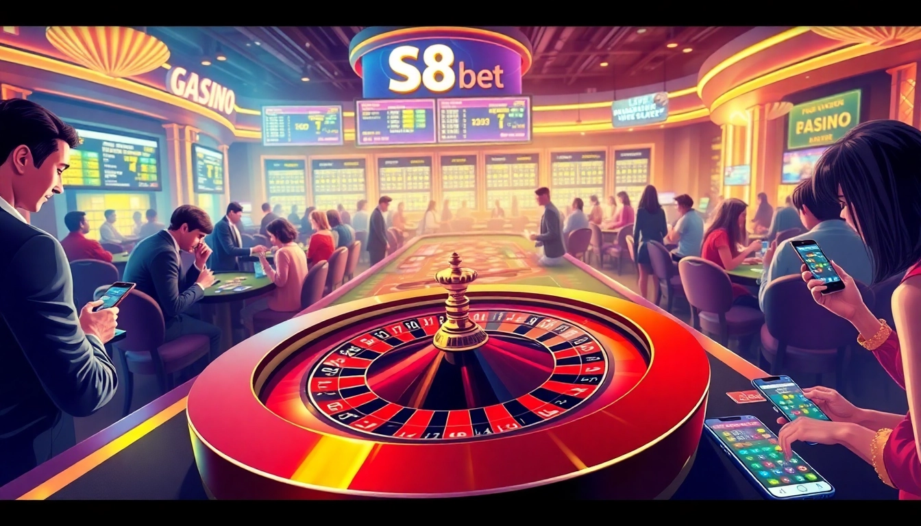Gambling enthusiasts place bets in an exciting casino atmosphere with s8 bet prominently featured.