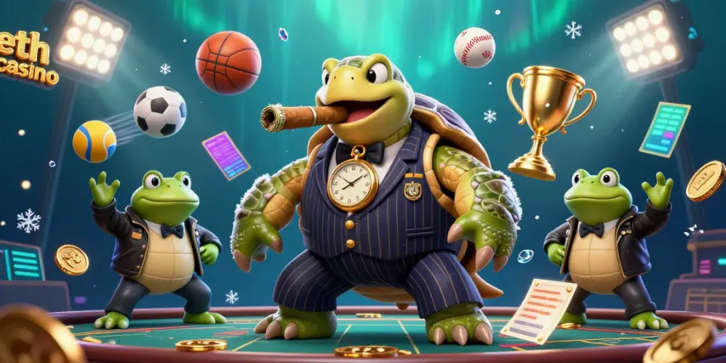 Win big at the eth casino featuring a snapping turtle mobster surrounded by sports action!