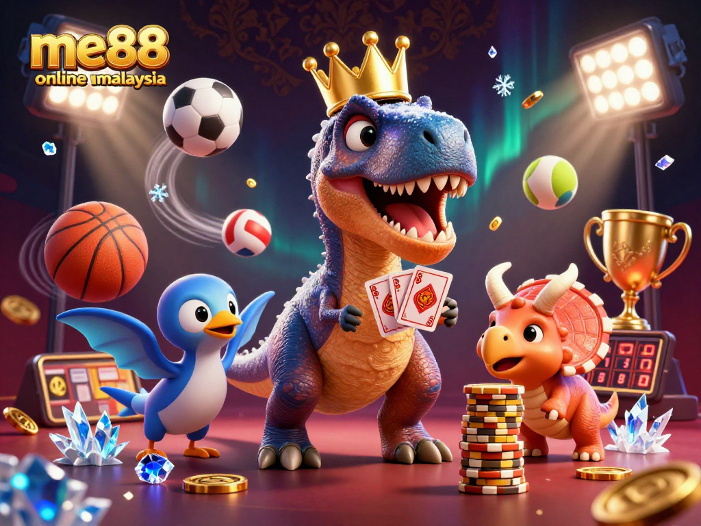 Engaging scene showcasing me88 online casino malaysia with cartoon dinosaurs playing cards and stacking chips.