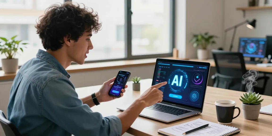 Engaging scene showcasing an AI enthusiast interacting with spicy AI technology in a bright, modern workspace filled with tech gadgets.
