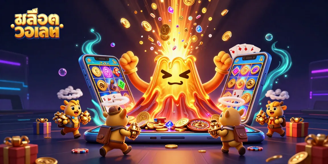 Experience the excitement of สล็อตวอเลท as treasure erupts from a 3D volcano, enhanced by slot games and vibes of a dynamic casino.