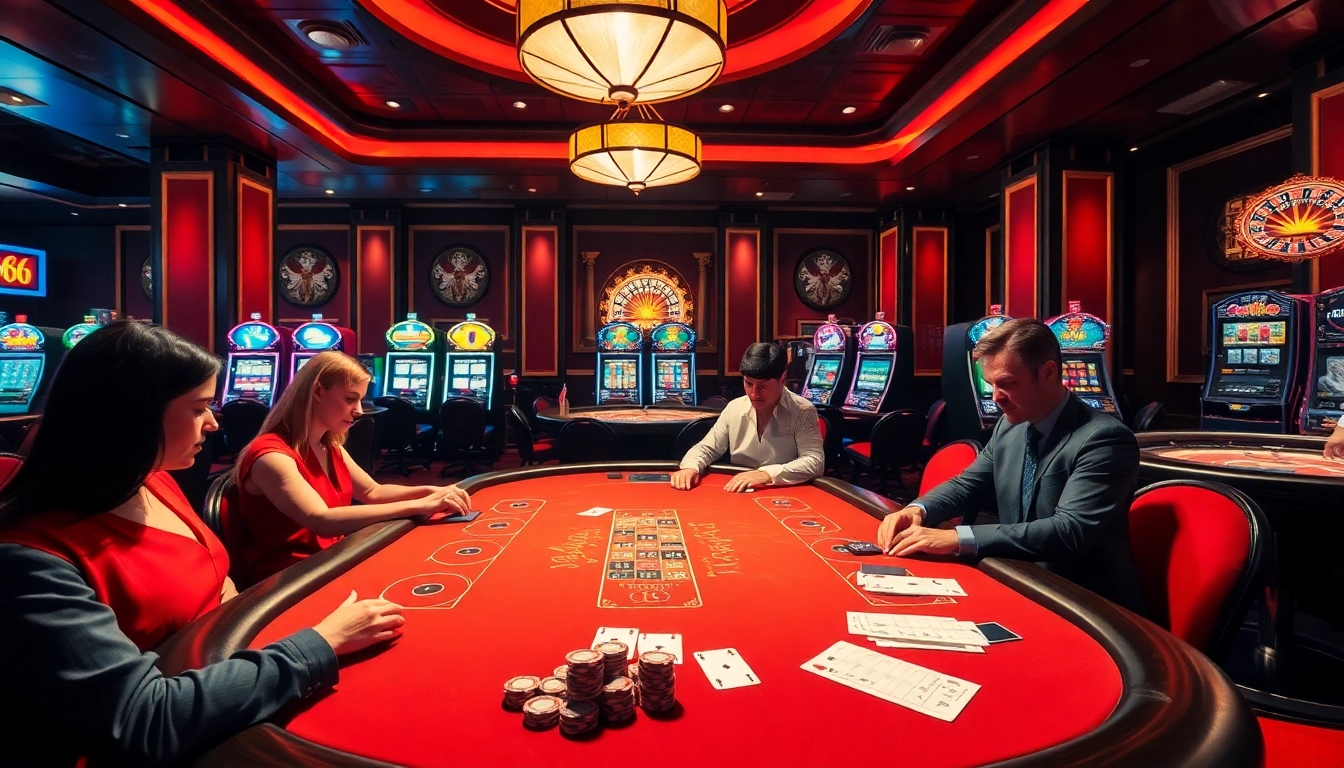 Engaging players at MB66 poker table in a vibrant casino atmosphere with red and white decor.