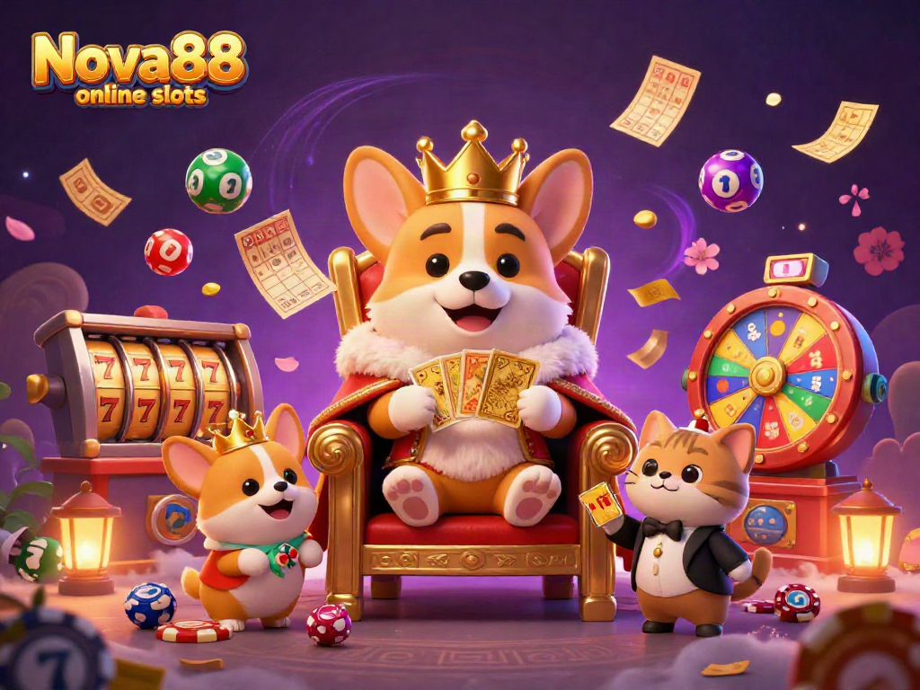 Engage with Nova88 online slots featuring an ultra-detailed scene of a royal corgi and vibrant game elements.