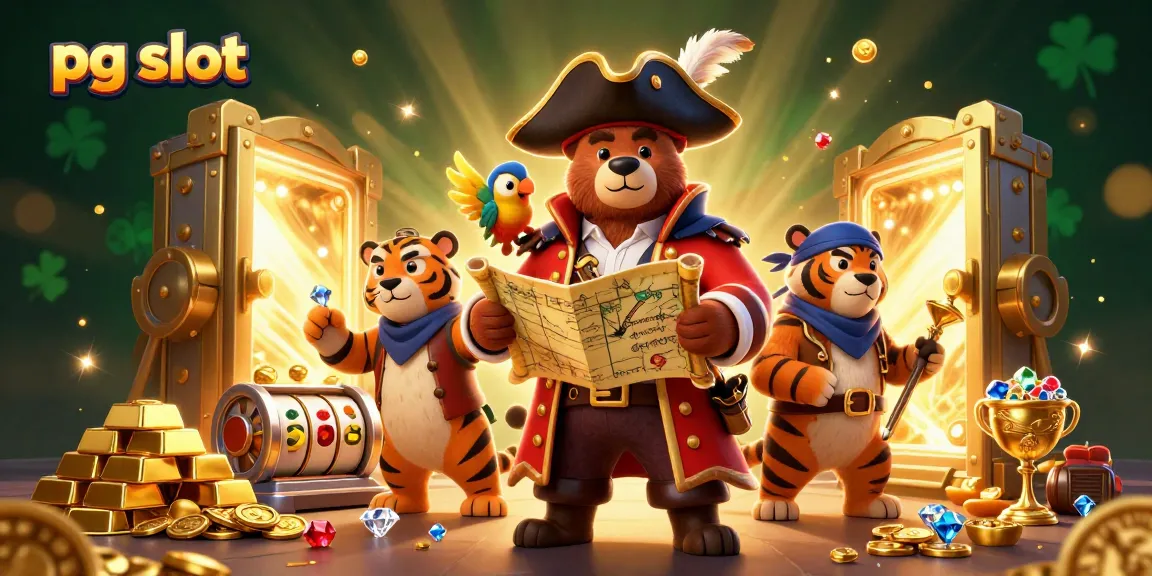 Engage with pg slot in this vibrant 3D illustration featuring a pirate bear, tiger, and treasure elements.