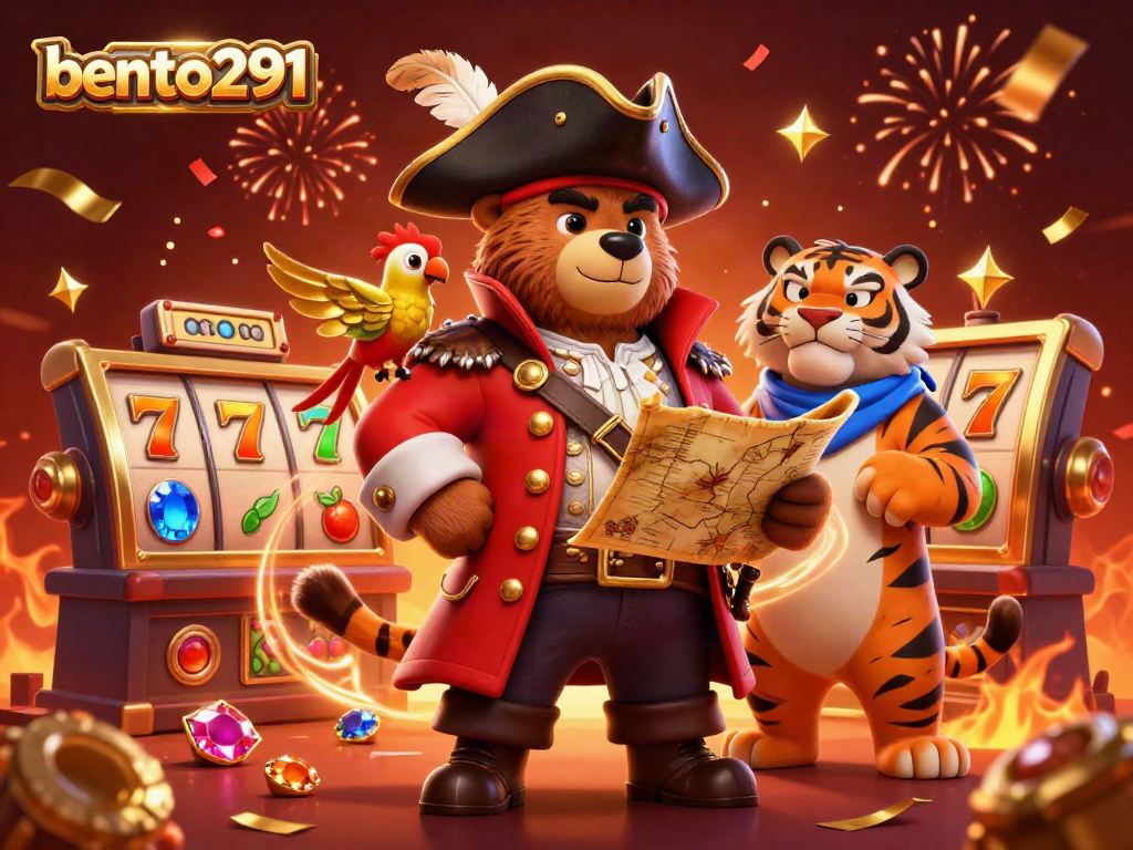 Experience thrilling gameplay with bento291, where a pirate captain bear leads a slot adventure amidst dazzling casino elements.