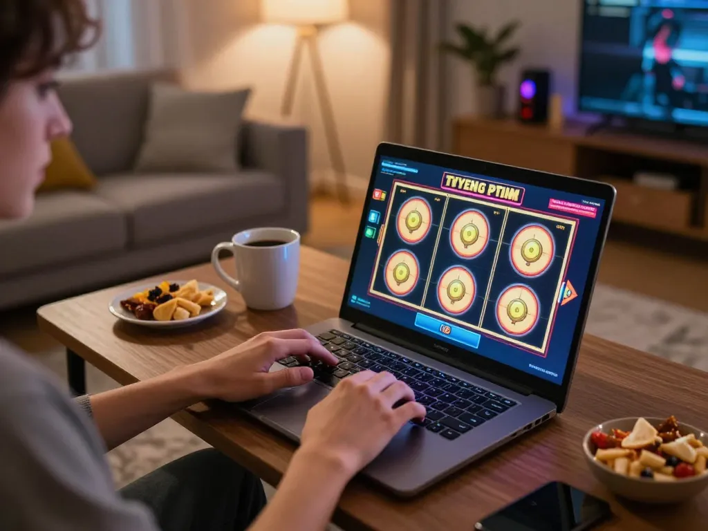 Engaged user at home playing online slots with reputable nhà cái uy tín Lc88 on laptop in cozy setting