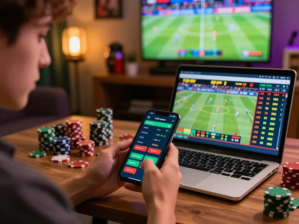 F8BET user placing bets on a mobile app while watching a sporting event on TV in a vibrant home setting.