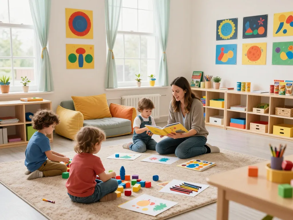 Children in a colorful nursery classroom engaging with toys and learning activities, showcasing the nurturing environment of panen178.