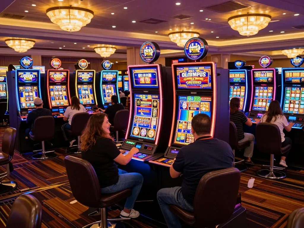 Players enjoying the excitement of the olympus slot in a vibrant casino atmosphere.