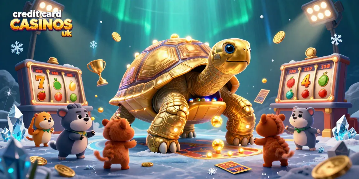 Engaging scene of credit card casinos UK featuring a colossal tortoise pinball machine and excited animals ready to play.