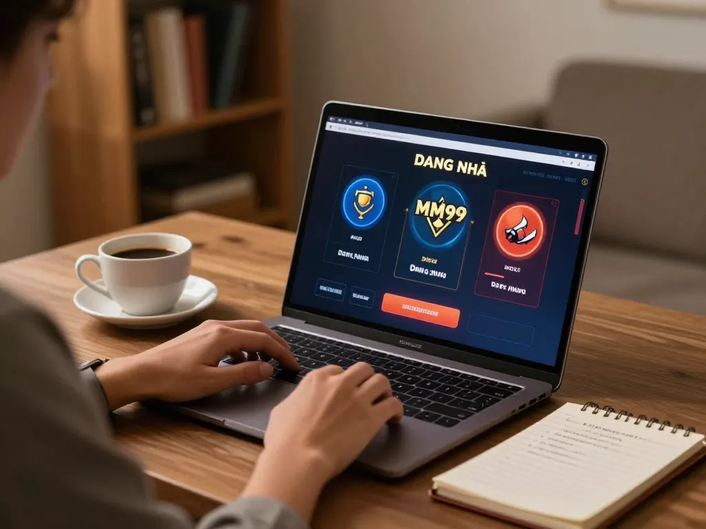 Engaging in online gameplay on MM99 Đăng Nhập interface, showcasing a stylish gaming setup with strategy notes.