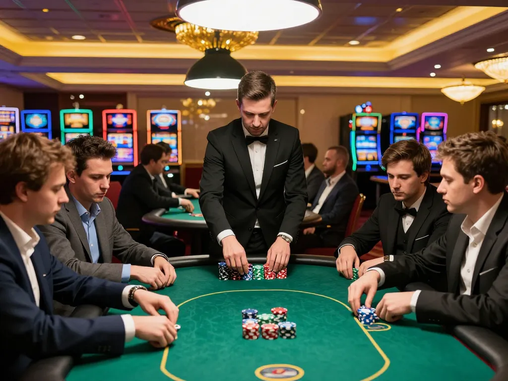 Players strategizing in a fierce poker game at 555win25 casino with luxurious decor and intense atmosphere.