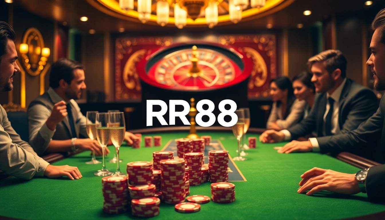 Experience the excitement at RR 88's luxurious casino with players enjoying vibrant poker games.