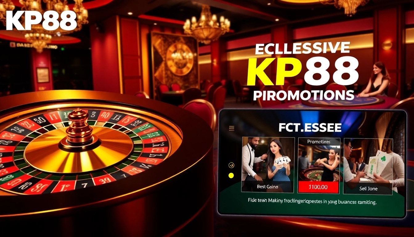 Competitive gambling scene with KP88 promotions featured on casino tables and roulette wheel.