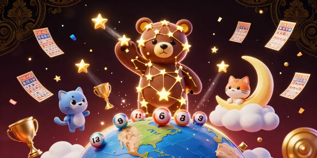 Bingo 101 themed artwork showcasing a starry bear and colorful bingo elements celebrating gaming fun.