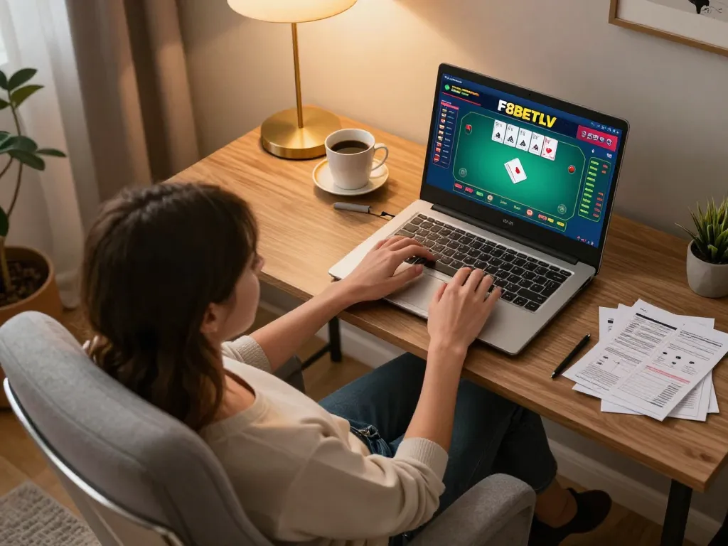 Engaging player at F8BETLV laptop, showing poker action from a cozy home setup.