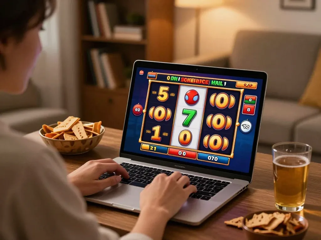 NAGA2000 user enjoying thrilling online slot game on laptop in a cozy home setup.