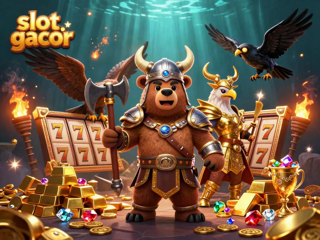 Kemenangan menarik di mesin slot gacor, menampilkan beruang Viking dan elang Valhalla dalam pencarian harta karun