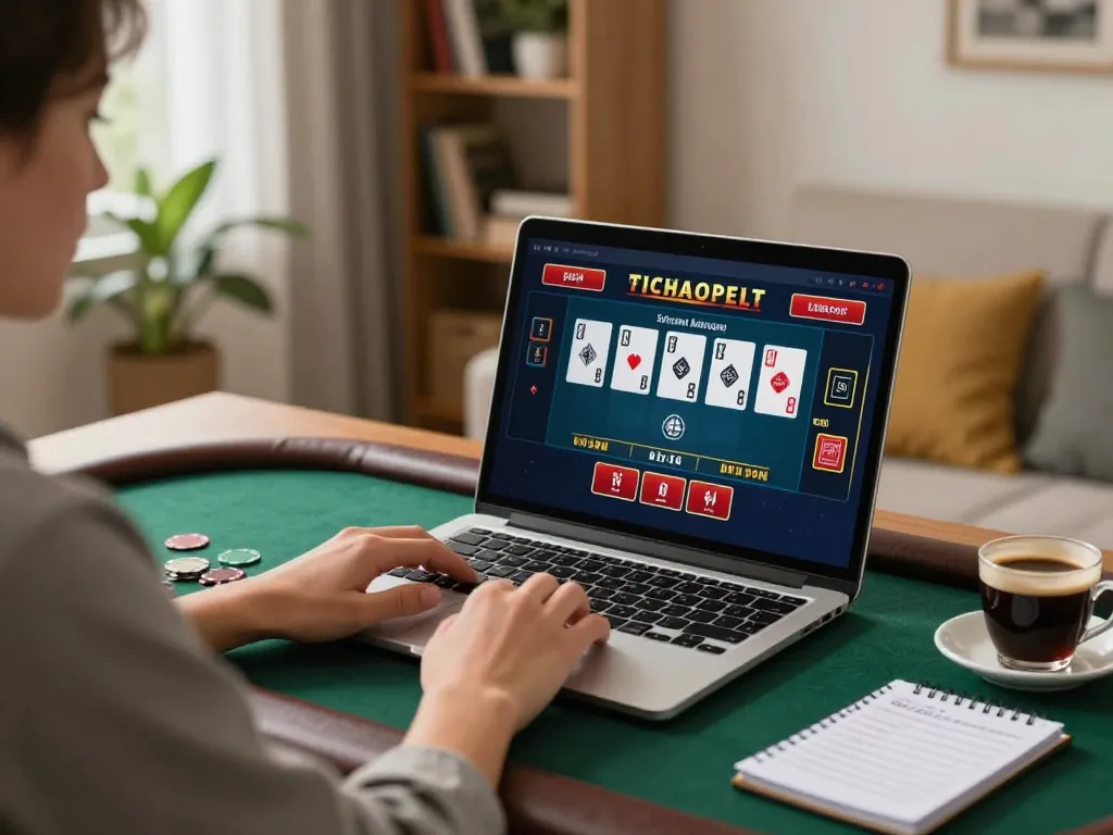 Engaged gambler uses ww88com for live dealer blackjack at home, showcasing a modern gaming setup.
