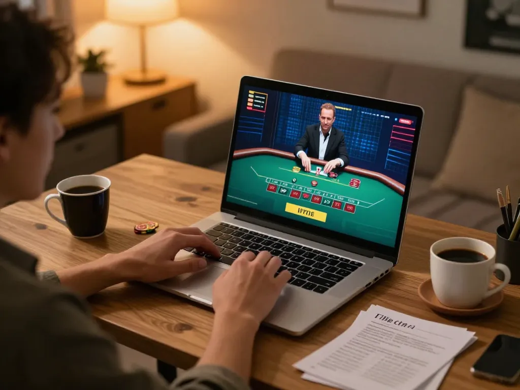 Engaged player using fly88 for live dealer blackjack on laptop at home, showcasing modern gaming.