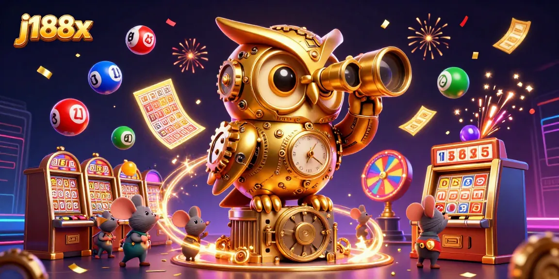 Engage in casino thrills with j188x featuring a golden owl, lottery elements, and vibrant gaming atmosphere.