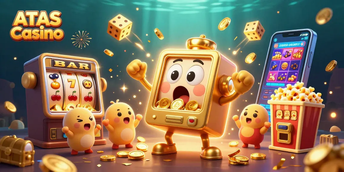 ATAS Casino illustration of a golden slot machine celebrating a jackpot amidst a vibrant scene of coins and game symbols.
