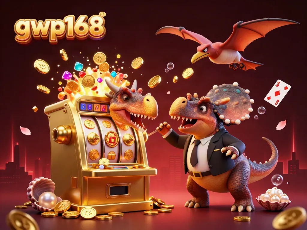 Melihat gwp168 saat pachycephalosaurus memukul mesin slot emas dan koin terbang.
