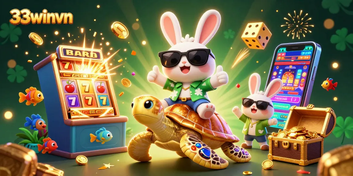 Experience big wins with 33winvn's vibrant casino scene featuring colorful games and lucky symbols.