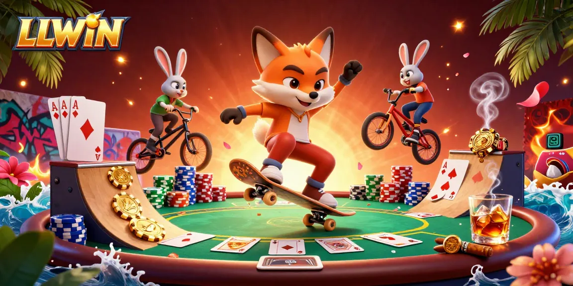 LLWIN themed scene featuring a skateboarder fox and BMX rabbit with casino elements.