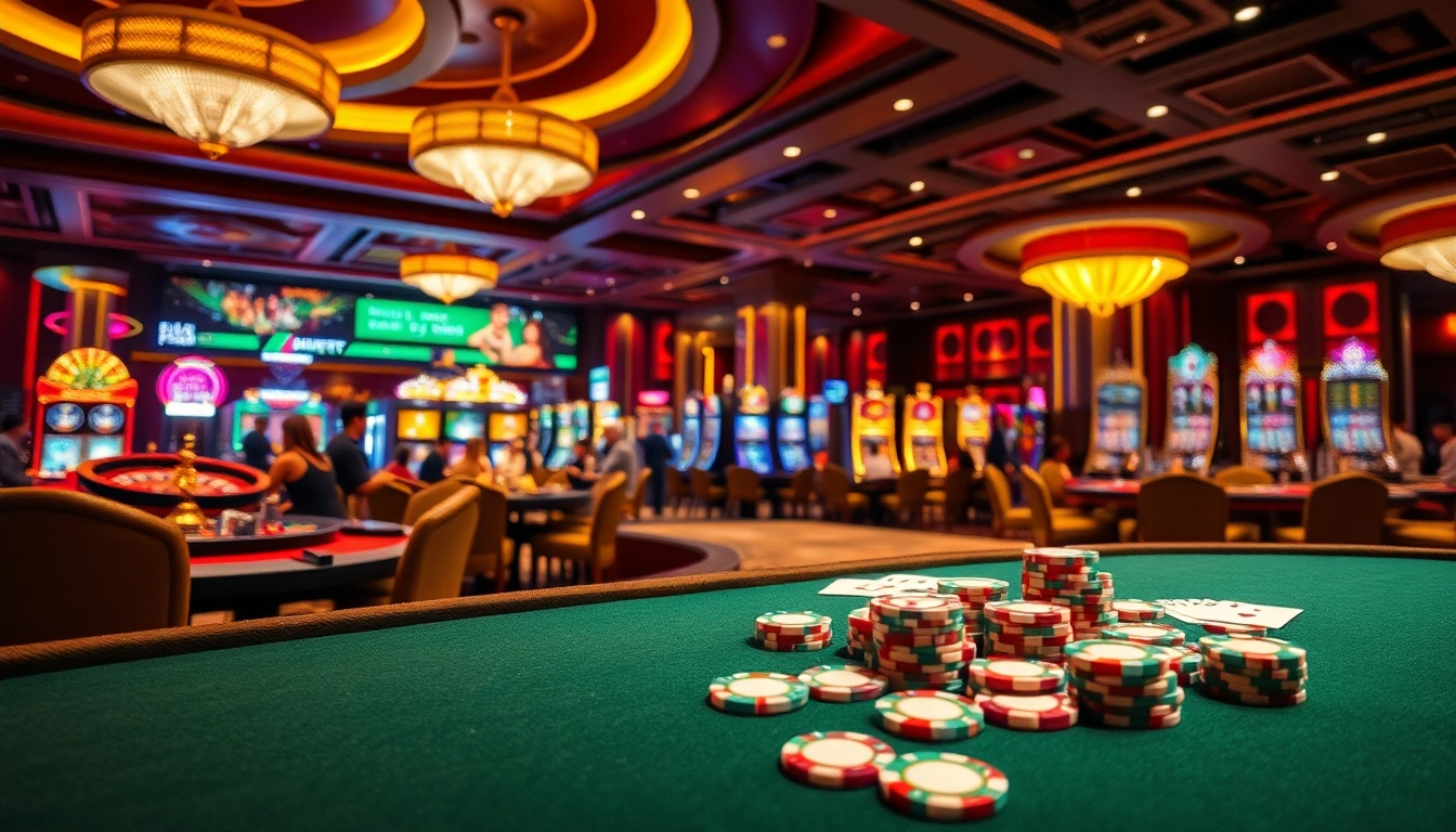 Experience thrilling action at New88 with vibrant gambling scenes featuring gambling tables, slots, and roulette.