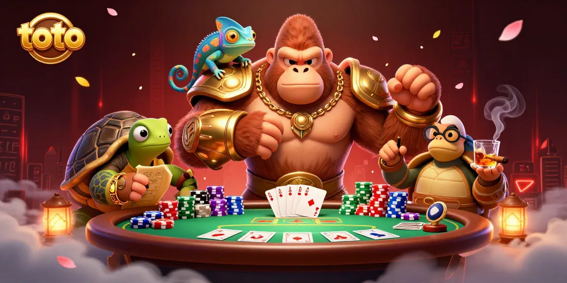 Toto-themed casino illustration shows a gorilla king, chameleon spy, and tortoise elder around a poker table.