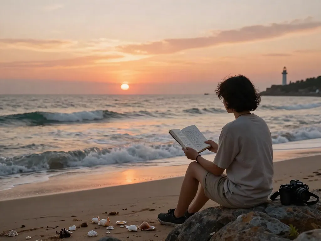 Seorang individu membaca buku tentang bukumimpi138 di pantai saat matahari terbenam.