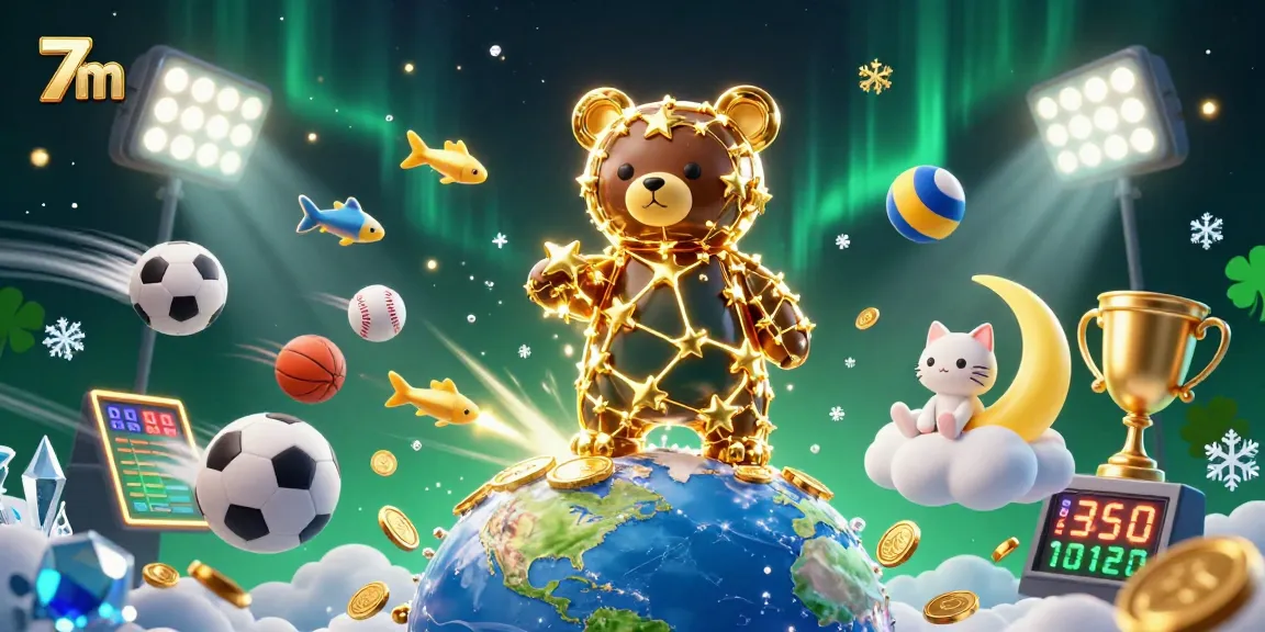 Engage with the 7m gaming community as a constellation bear captures coins amidst vibrant sports elements and trophy wins.