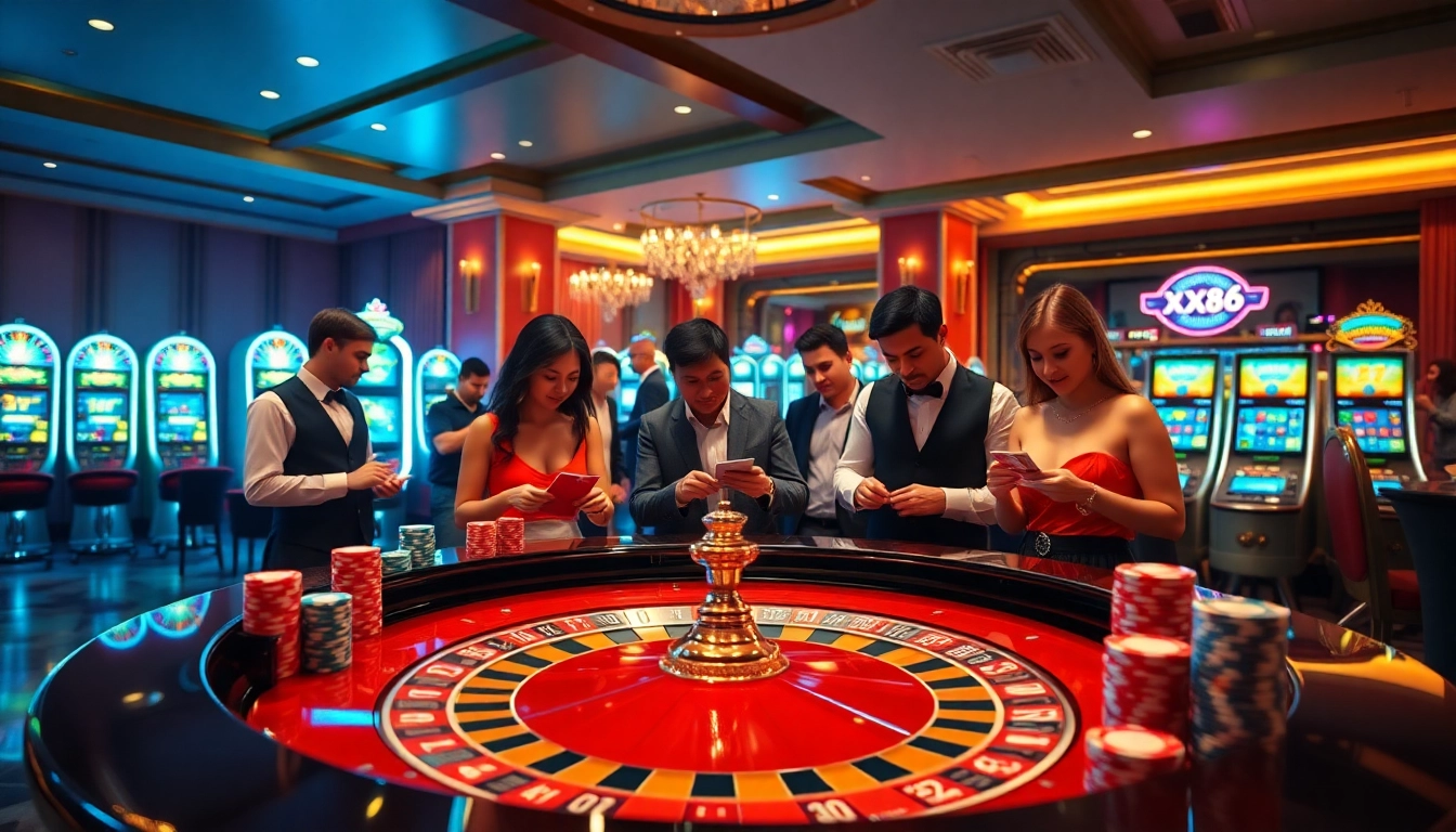 Players enjoying the thrill of betting at the roulette table in XX88 Casino.