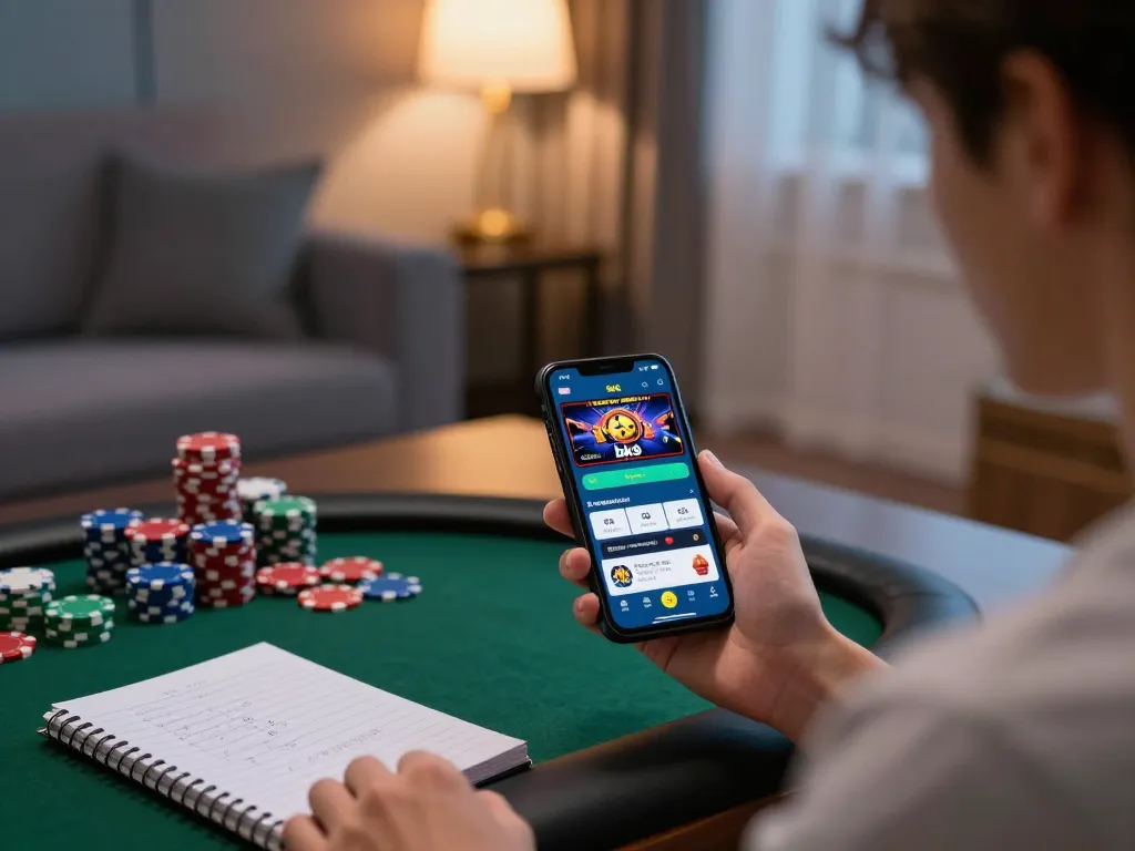 Player using the bk8 app on smartphone for live online gaming in cozy home setting.